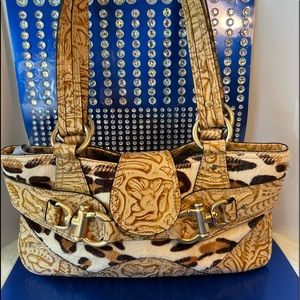 Brushed faux fur animal print satchel